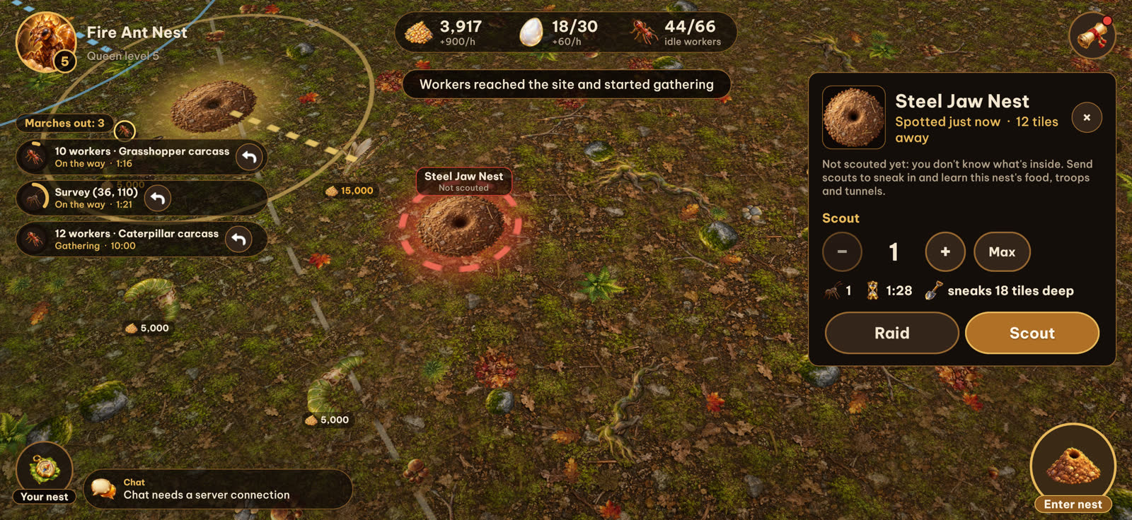 The world map with food sites, marches and discovered nests